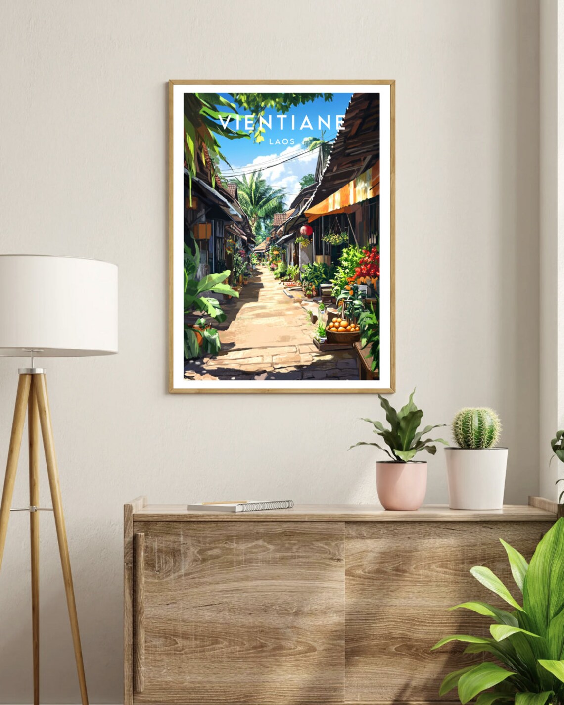 Vientiane Laos Old Town Street Market Plants Retro Travel Poster - Image 3