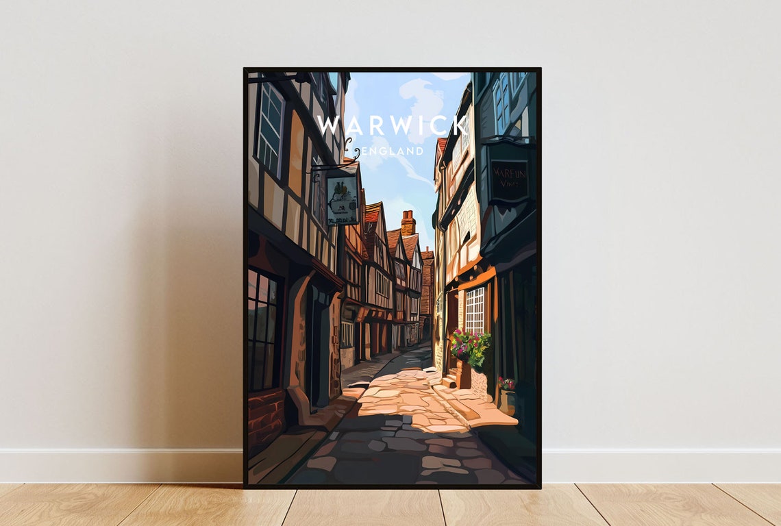 Warwick England Timber Framed Street Vintage Travel Art Poster