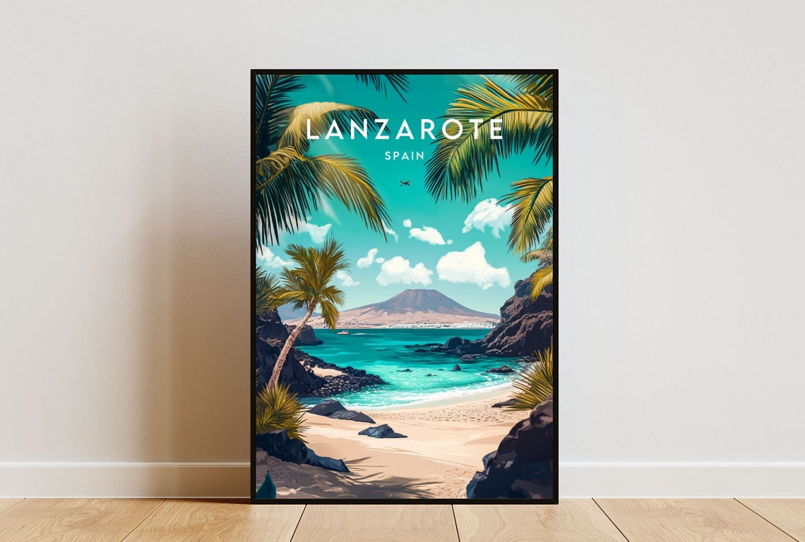 Lanzarote Spain Palm Beach Volcanic Cove Turquoise Water Poster