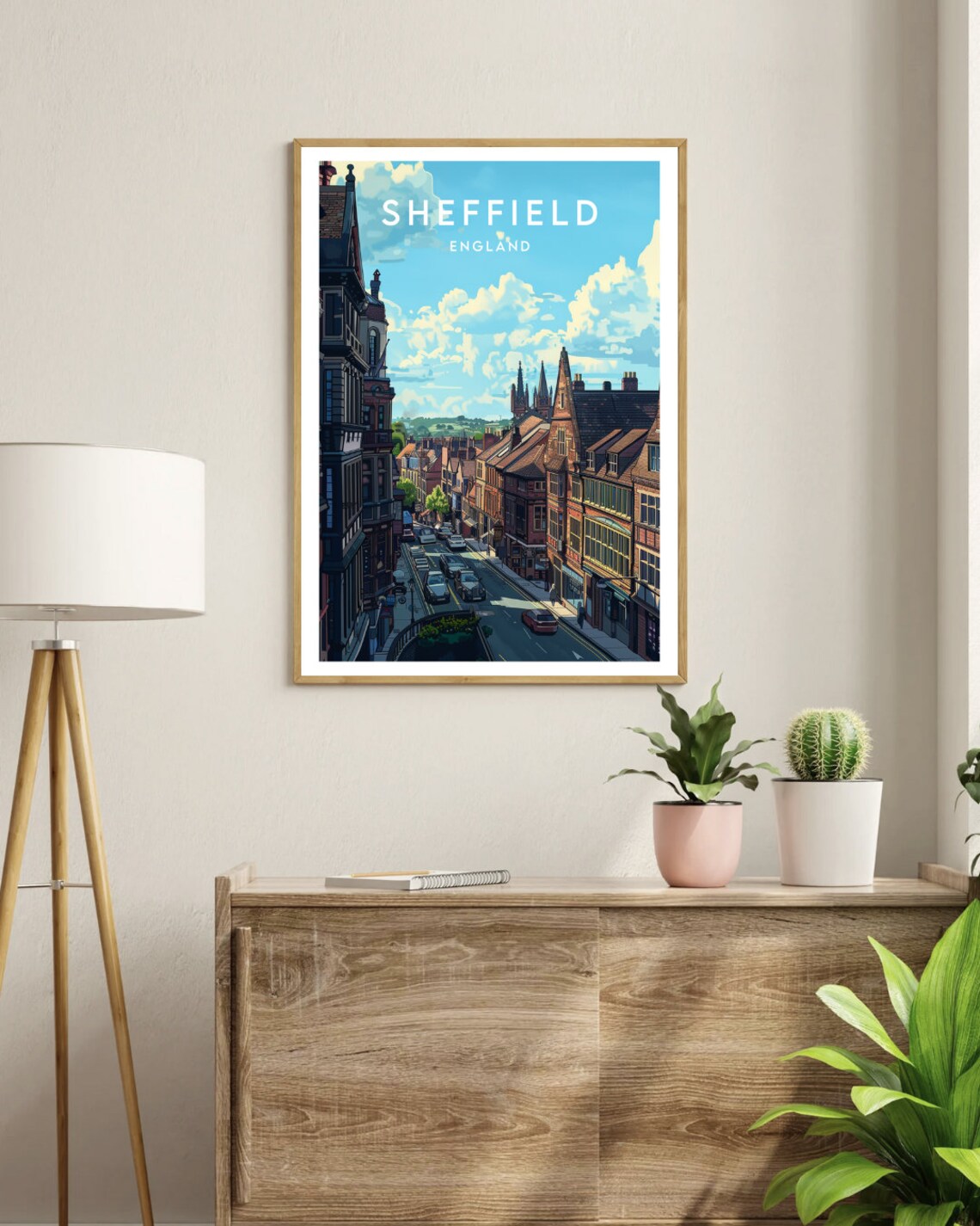 Sheffield England Historic City Street Scene Church Spires Poster - Image 3