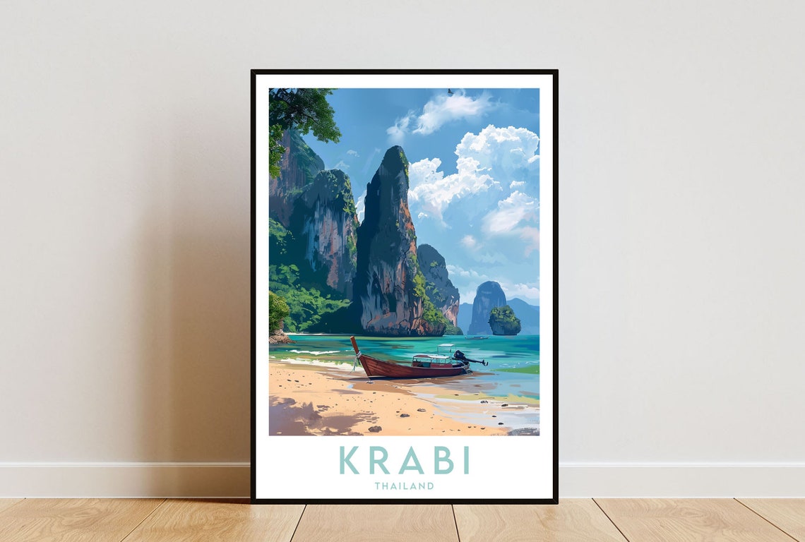Krabi Thailand Longtail Boat Karst Cliffs Beach Travel Poster