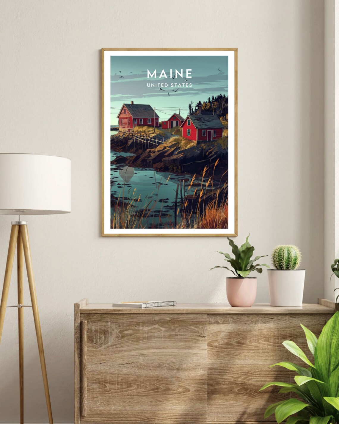 Maine United States Red Fishing Cabins Rocky Coast Dusk Travel Poster - Image 3