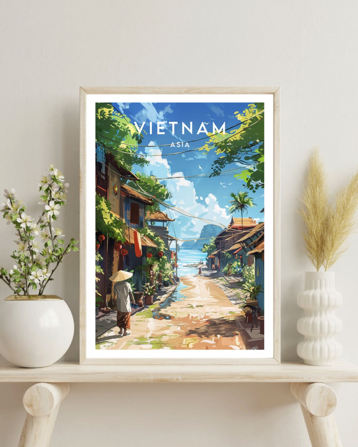 Vietnam Asia Coastal Village Lane with Lanterns Travel Art Poster - Image 4