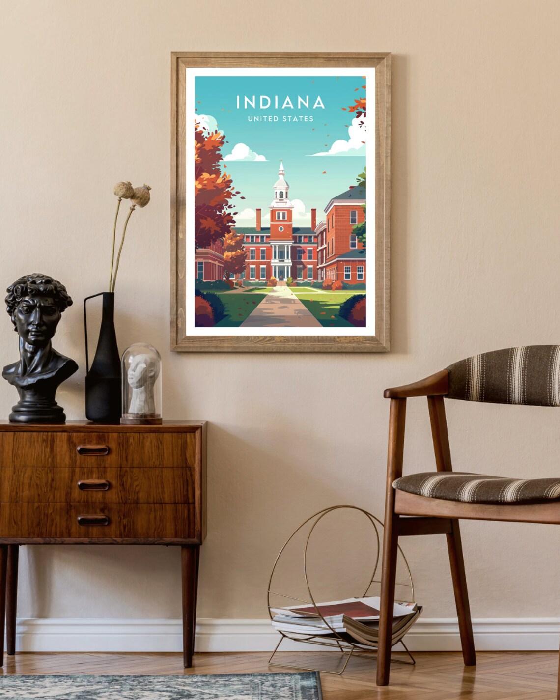 Indiana United States Red Brick Colonial Hall Autumn Travel Poster - Image 2