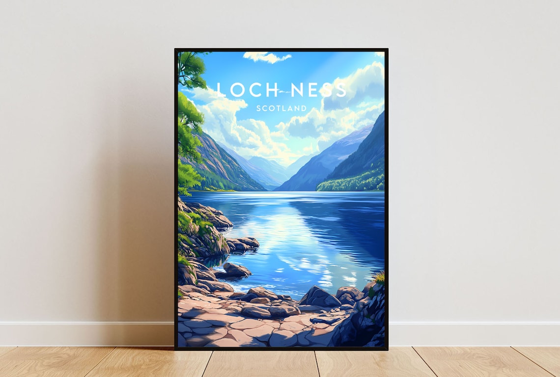 Loch Ness Scotland Mountain Lake Shore Vintage Travel Art Poster