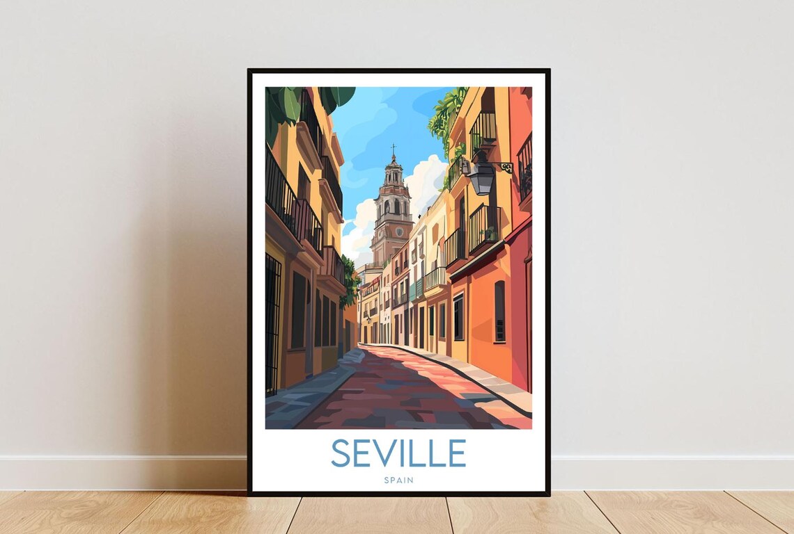 Seville Spain Old Town Church Tower Sunny Street Travel Poster