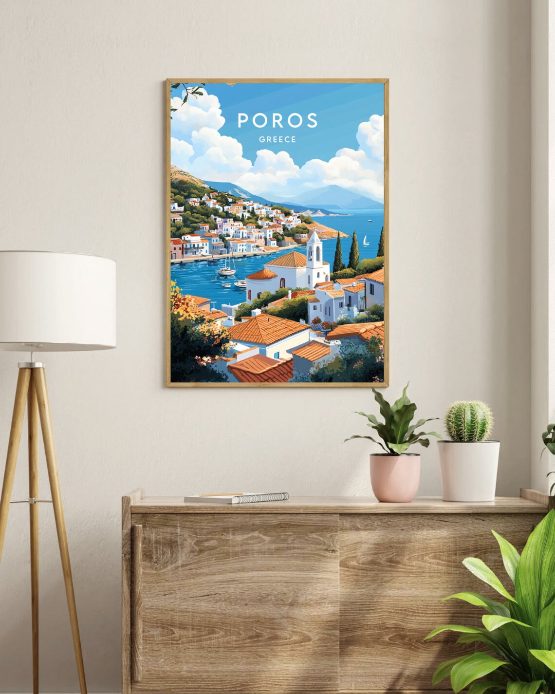 Poros Greece Island Bay White Houses Sunny Travel Art Poster - Image 3