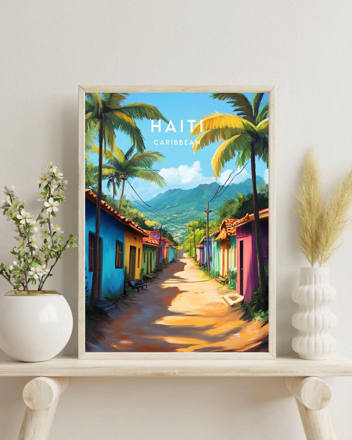 Haiti Caribbean Colorful Village Street Palms Mountains Travel Poster - Image 4