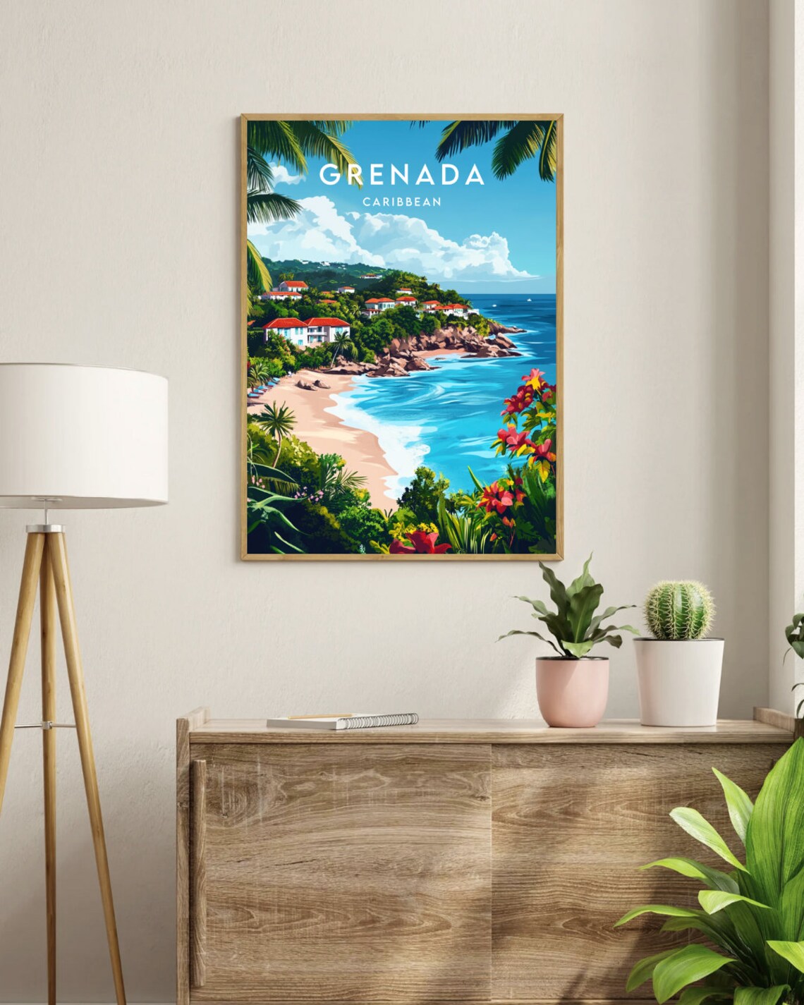 Grenada Caribbean Tropical Cove Red Roof Houses Beach Travel Poster - Image 3