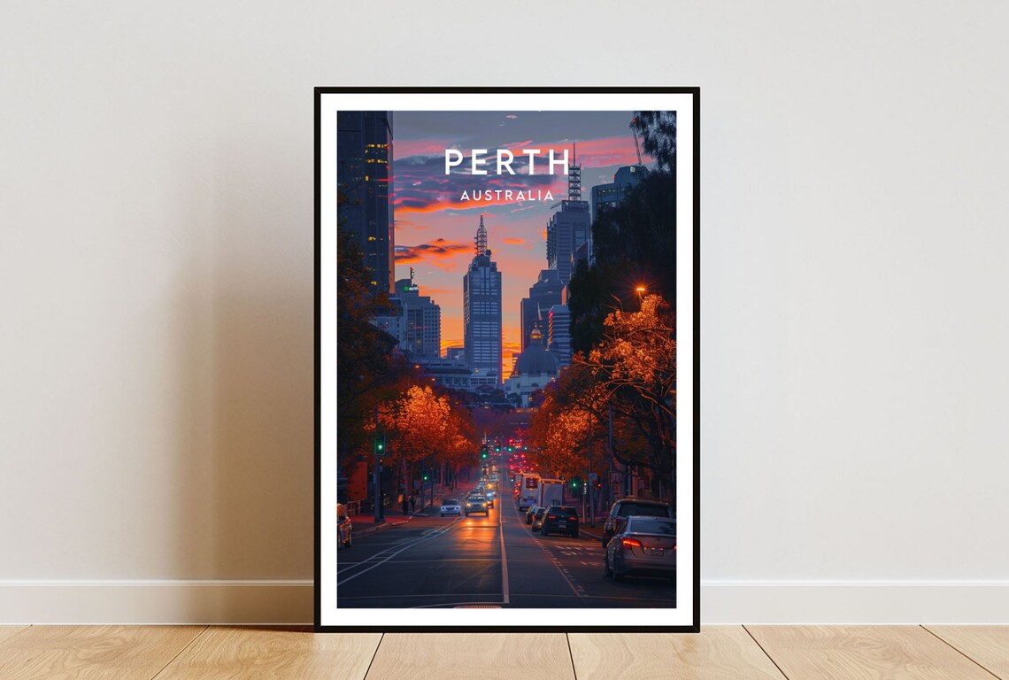 Perth Australia City Street Glowing Sunset Skyline Travel Poster