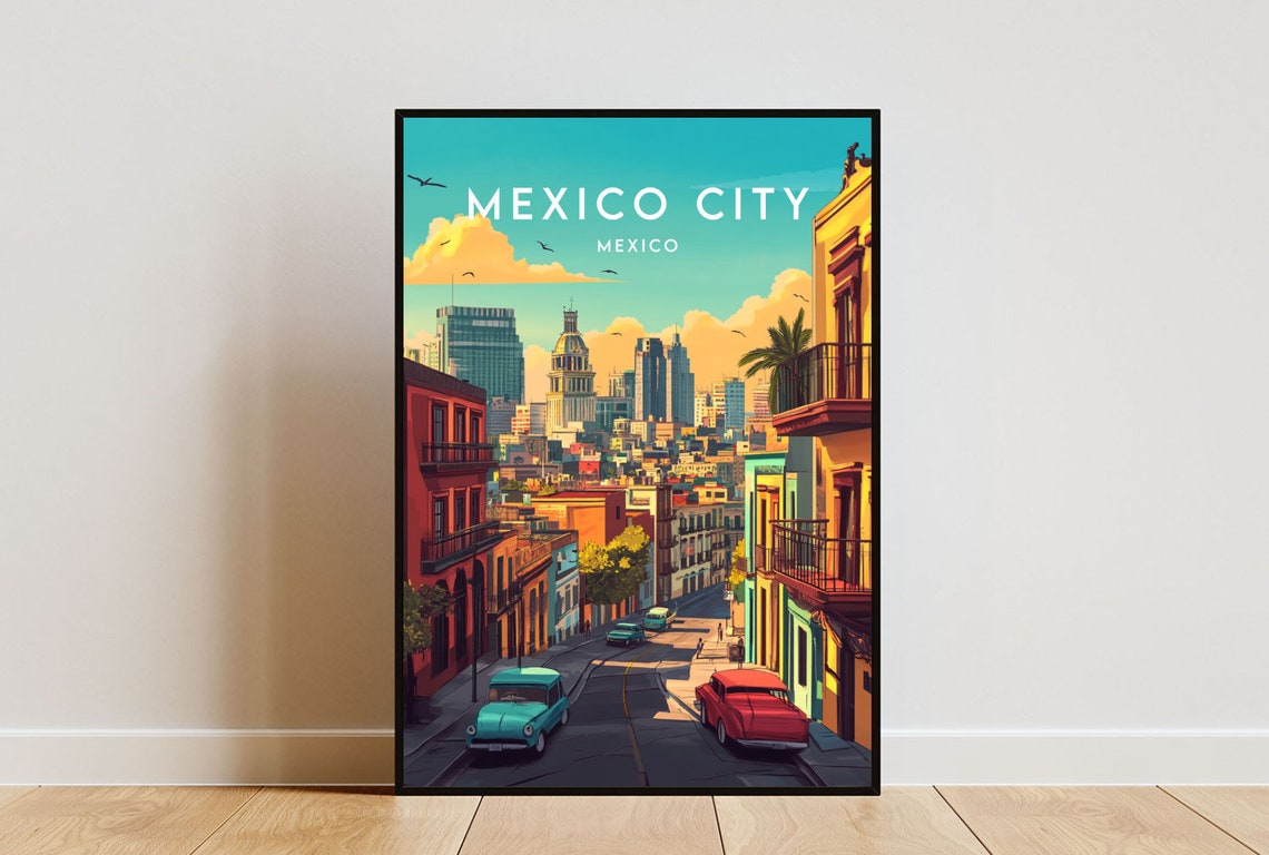 Mexico City Mexico Colorful Colonial Street Classic Cars Poster