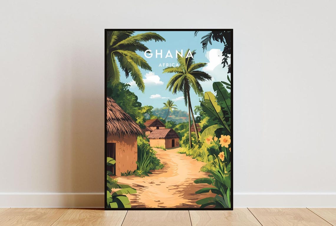 Ghana Africa Thatched Huts Jungle Path Palm Trees Travel Poster