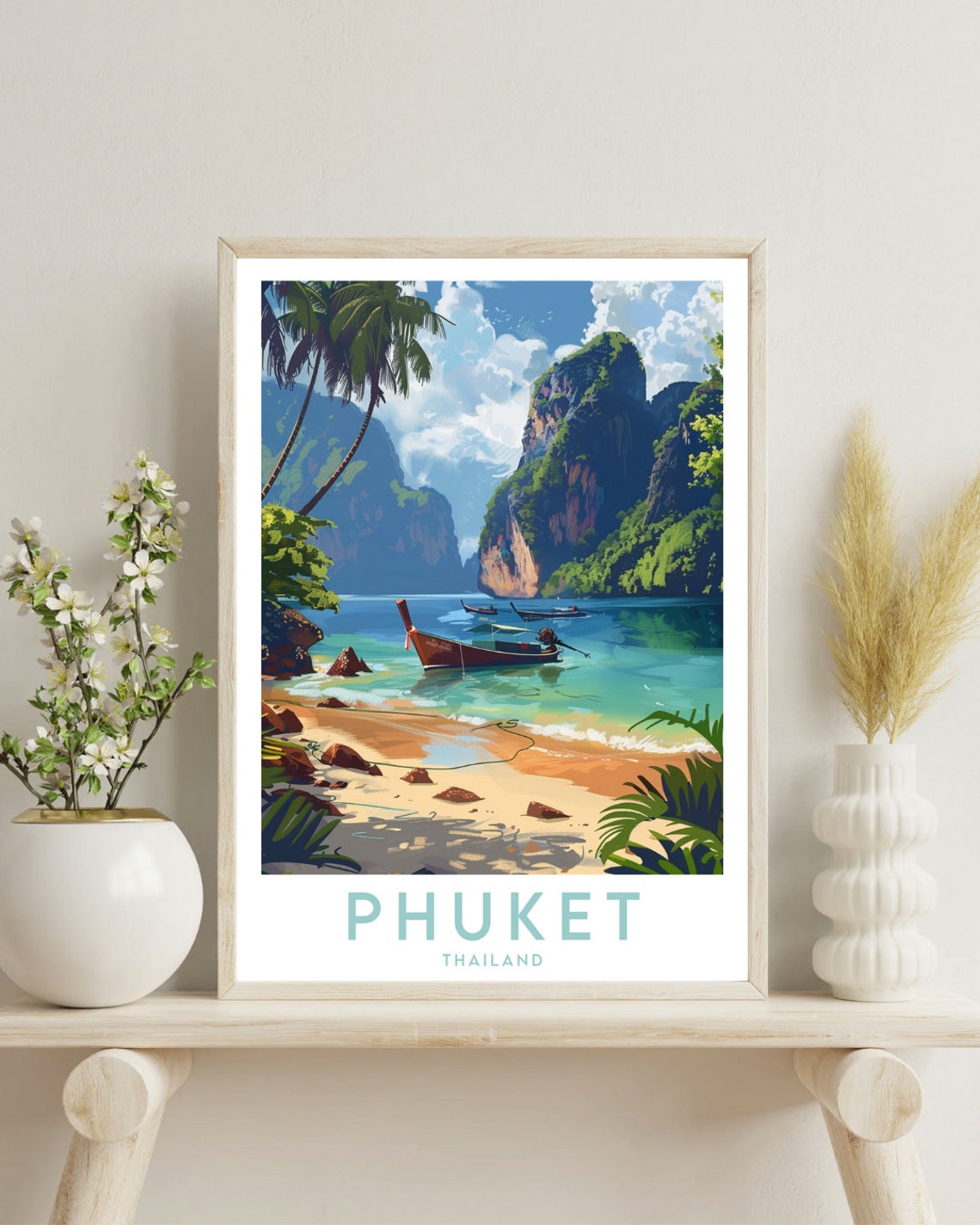 Phuket Thailand Longtail Boat Limestone Cliffs Beach Travel Poster - Image 4