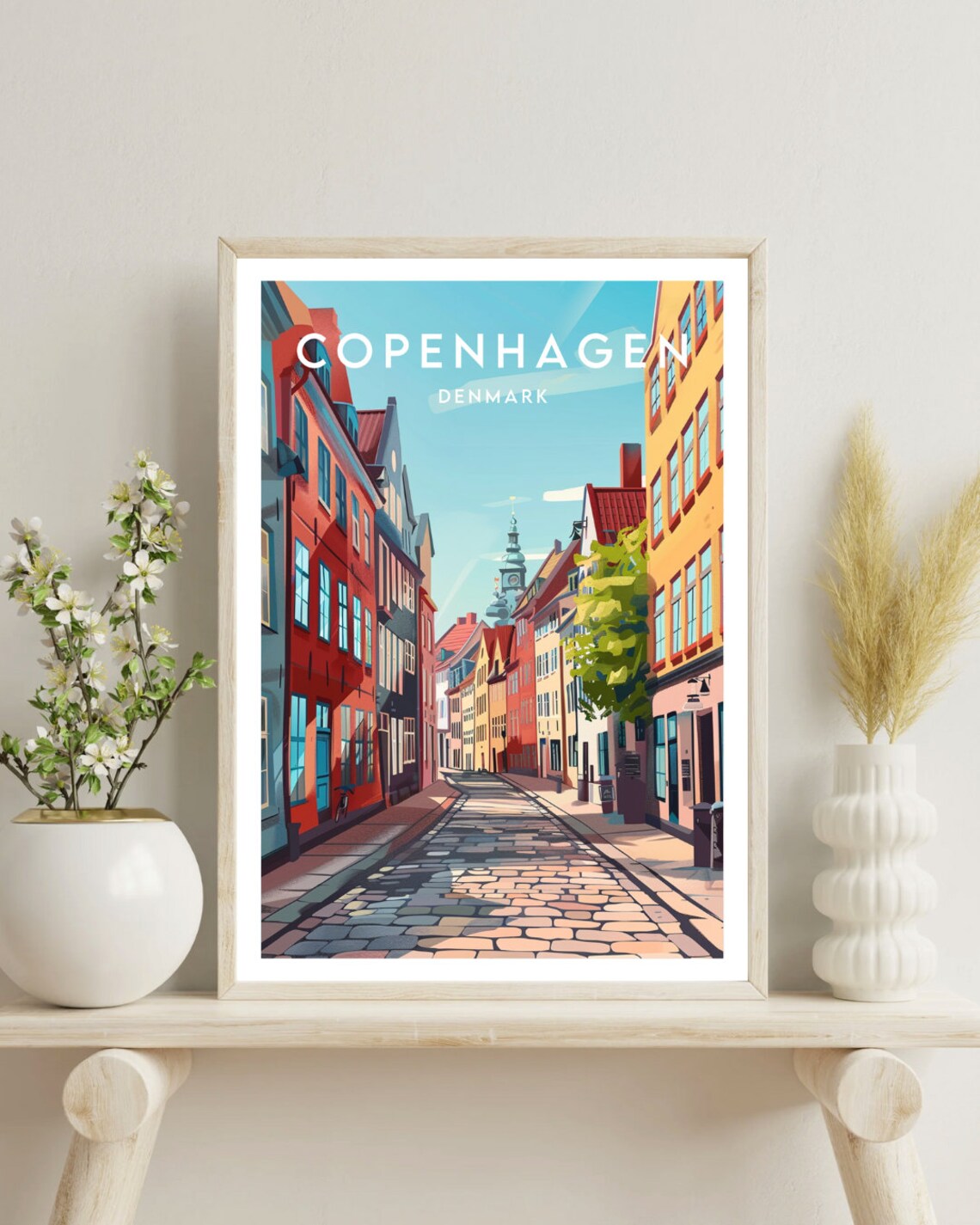 Copenhagen Denmark Colorful Cobblestone Street Travel Poster - Image 4