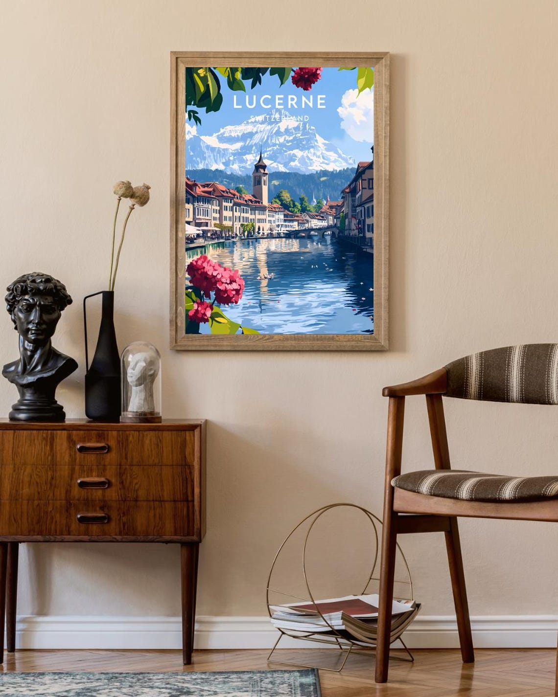 Lucerne Switzerland Riverside Old Town and Alps Travel Poster - Image 2