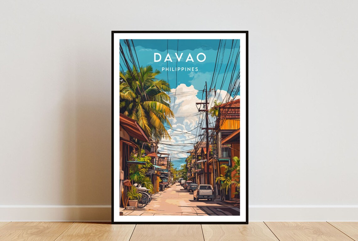 Davao Philippines Tropical Street Palm Trees City Life Poster