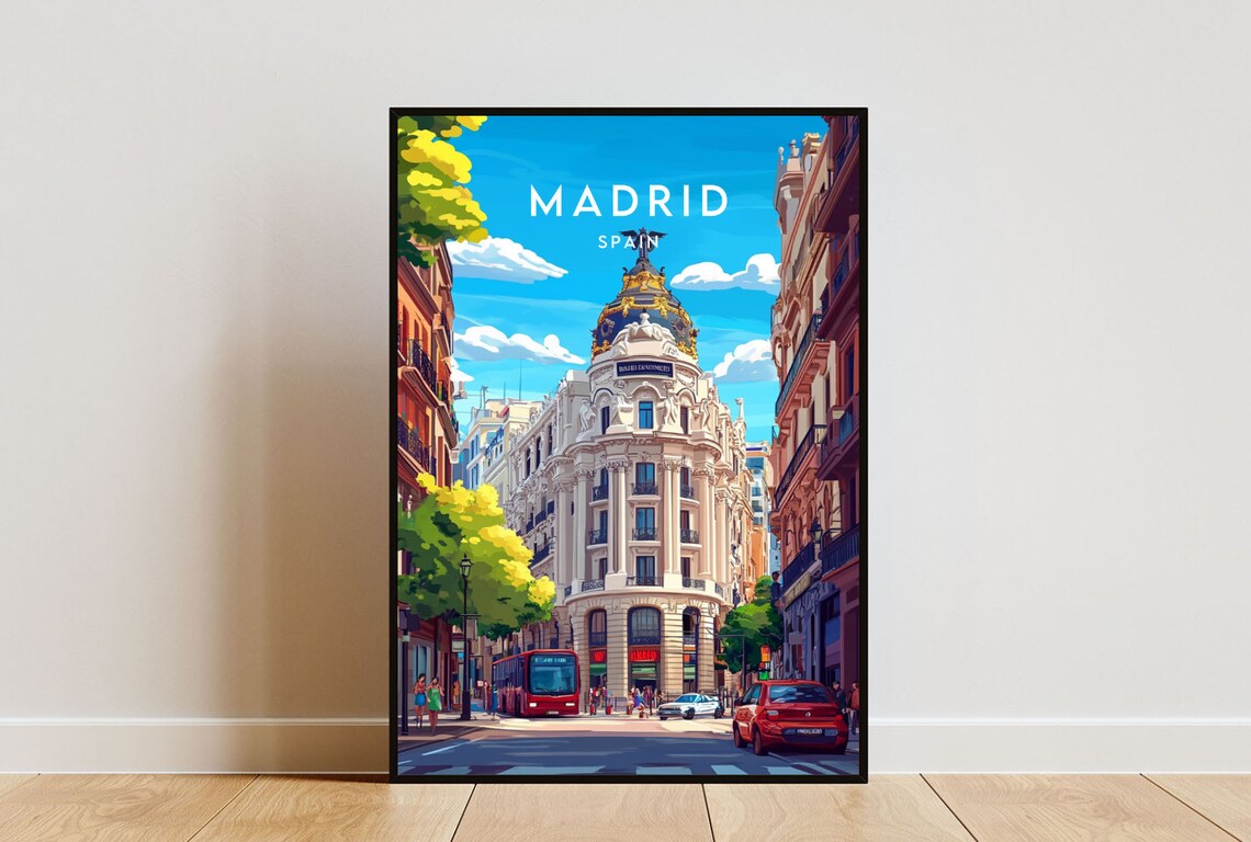 Historic Madrid City Street Architecture Sunny Scene Travel Poster