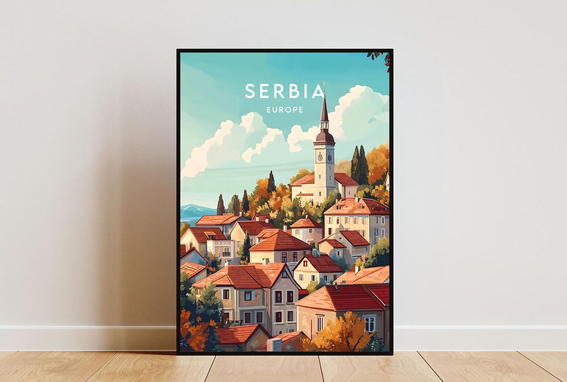 Serbia Europe Red Roof Town Church Tower Autumn Travel Poster