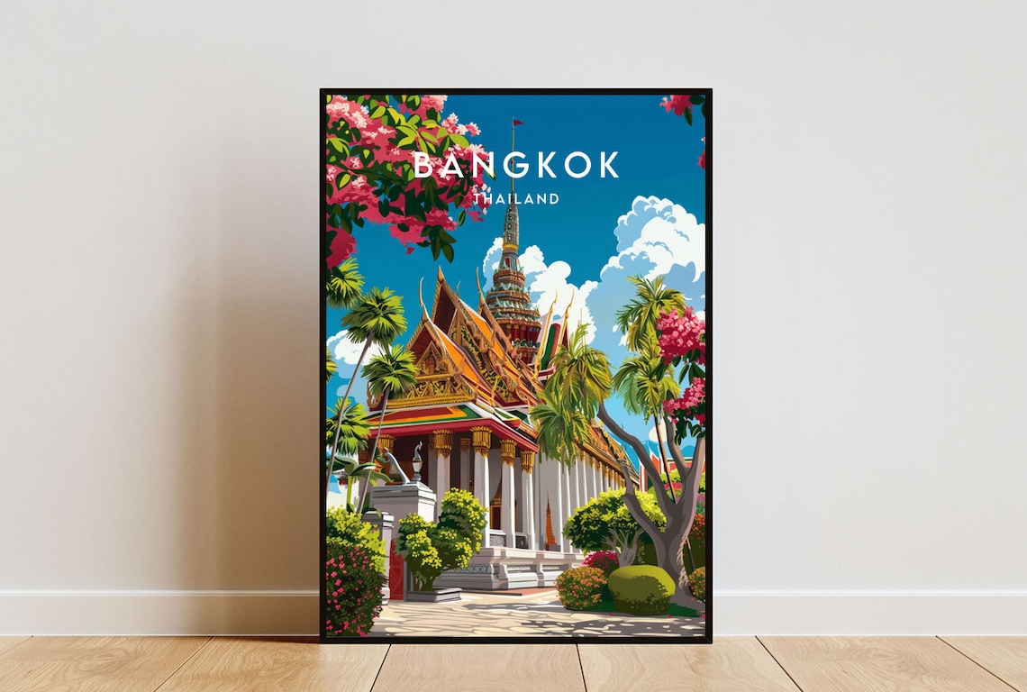 Bangkok Thailand Golden Temple Gardens Tropical Vintage Travel Poster