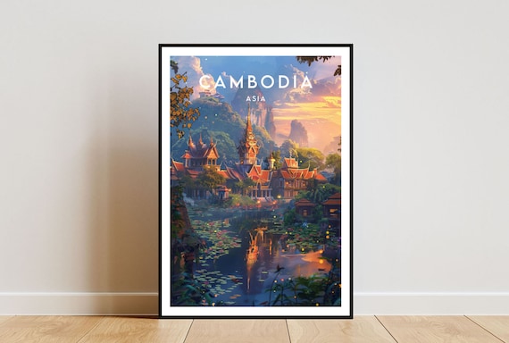 Cambodia Asia Golden Temple by Lotus Pond at Sunset Art Poster