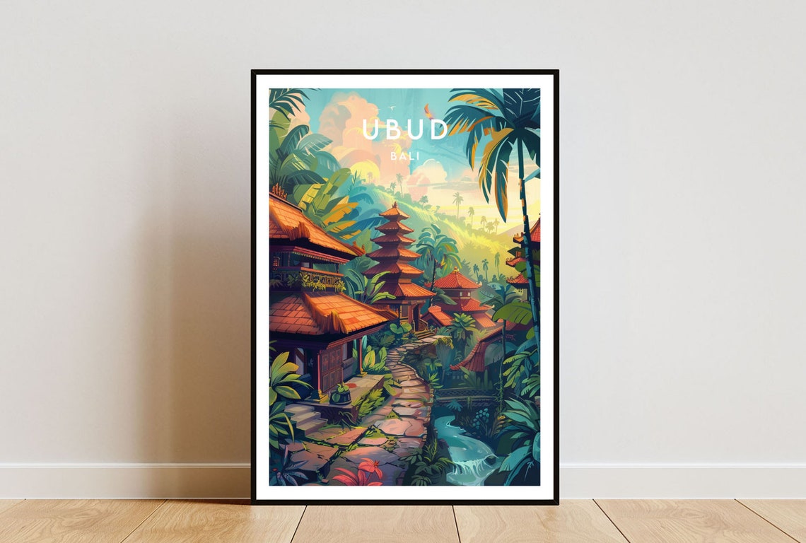 Ubud Bali Tiered Temple Jungle Stream Stone Path Travel Poster