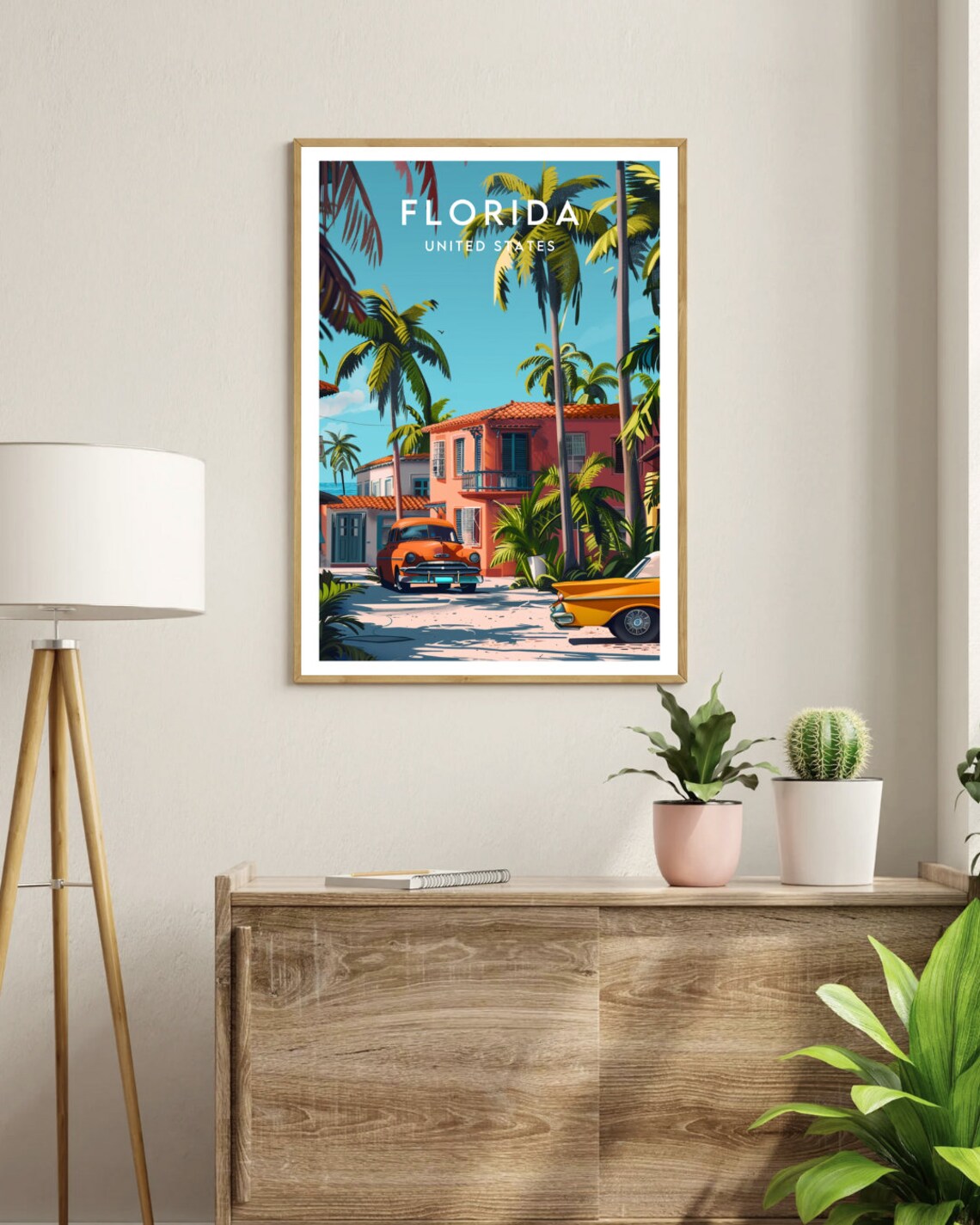 Florida Retro Street Vintage Classic Cars Palm Trees Travel Poster - Image 3