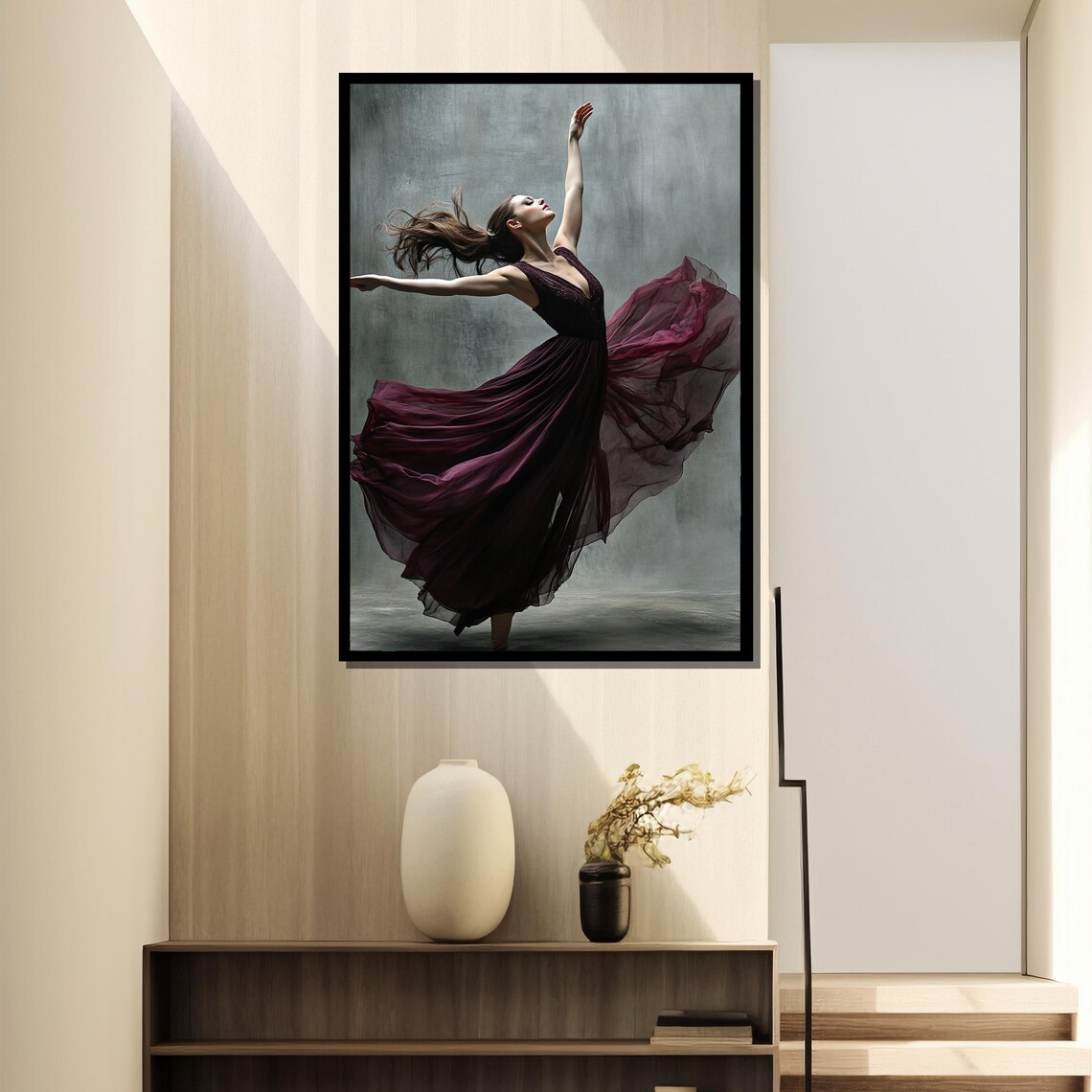 Dancer In Burgundy Gown Twirling With Wildly Flowing Hair Poster - Image 4