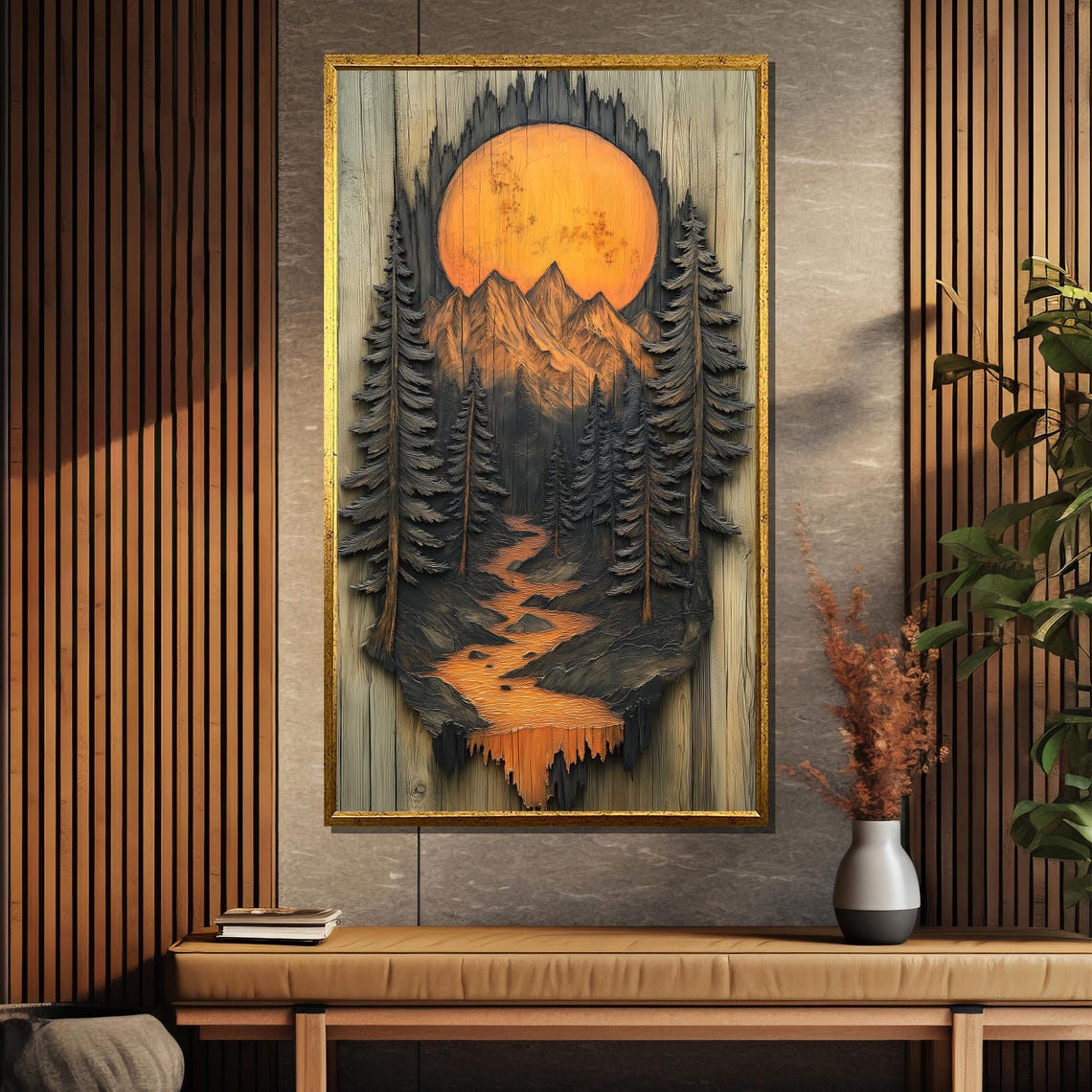 Sunset Carved Wooden Painting Mountain Stream Art Gift For Rustic Nature Decor - Image 5