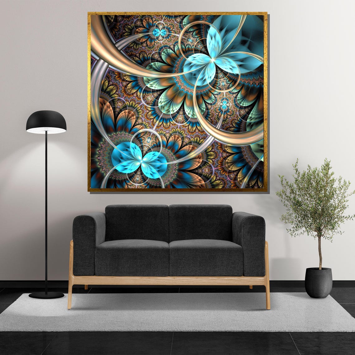 Glowing Turquoise and Amber Fractal Flower Abstract Art Poster - Image 5