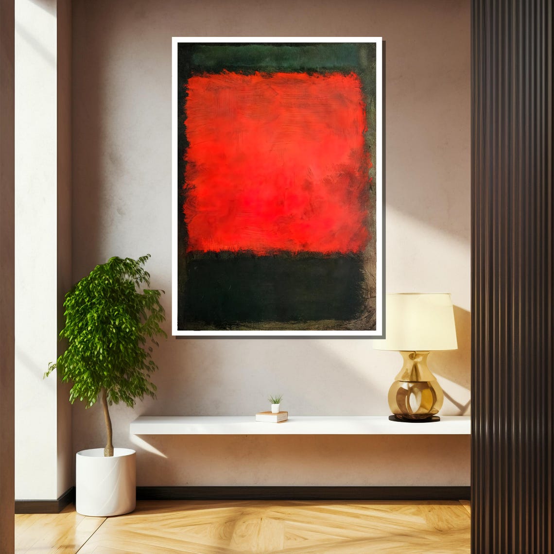 Fiery Red Floating Against Deep Green Abstract Color Field Poster - Image 2