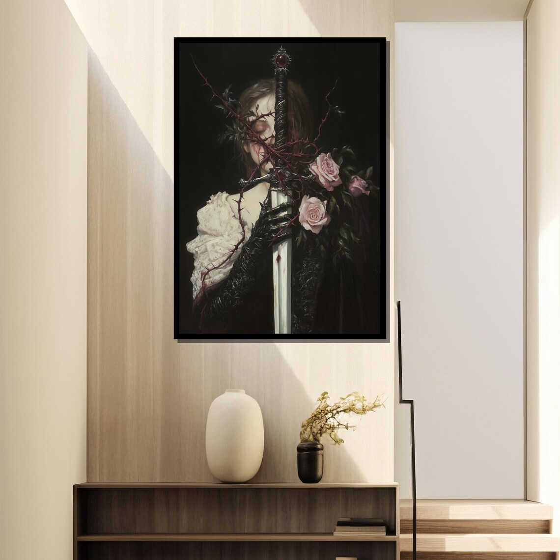 Gothic Lady Holding Jeweled Sword with Thorns and Pink Roses Poster - Image 4