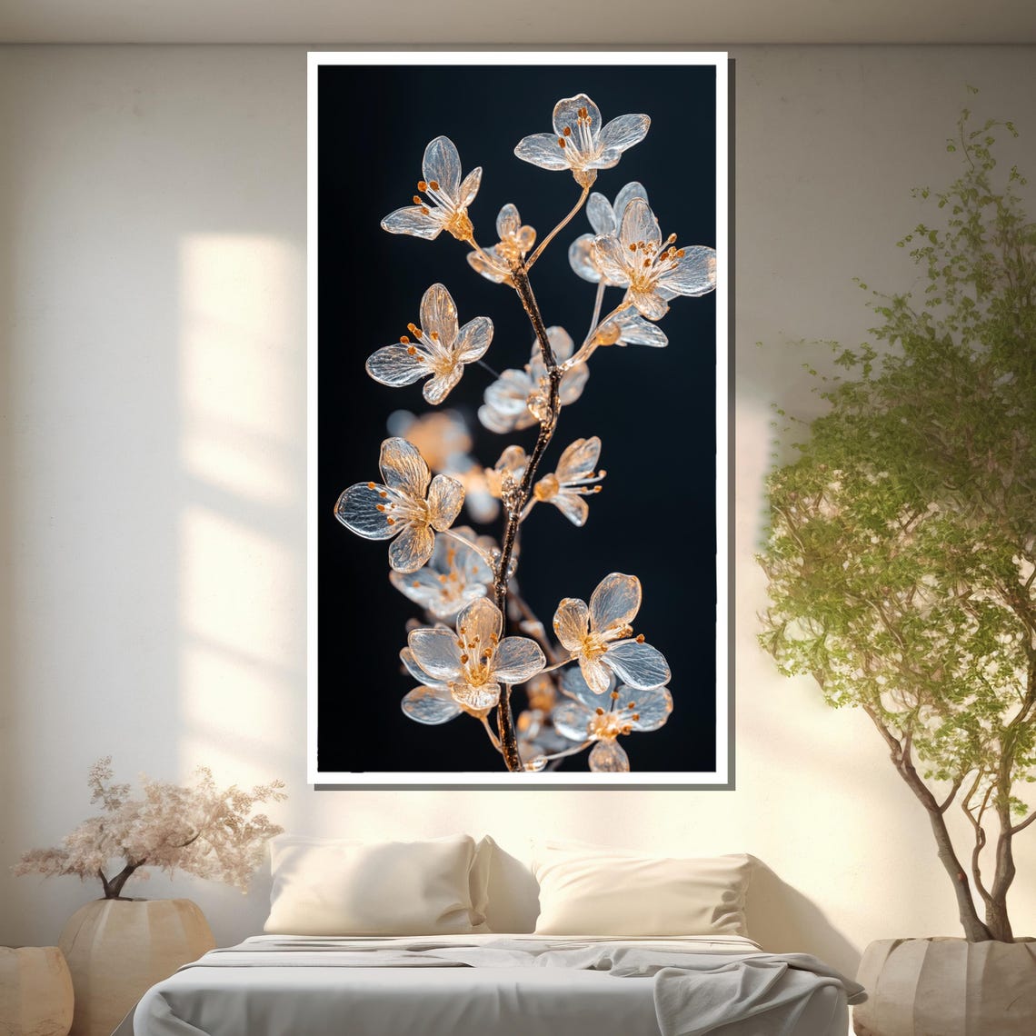 Frosted Glass Blossom Branch Glowing on Black Background Poster - Image 2