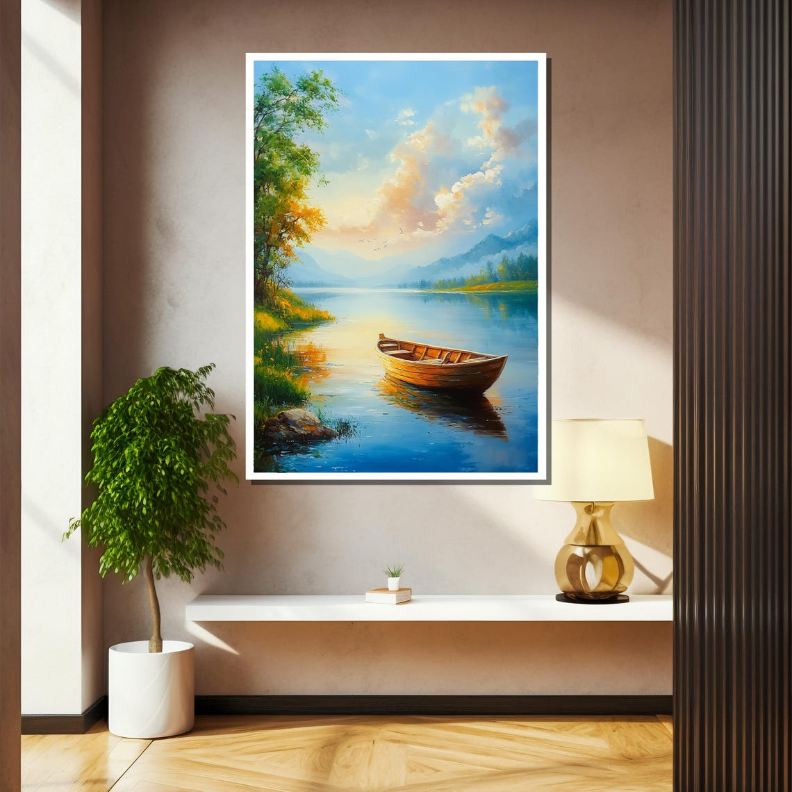 Serenity On Water Tranquil Landscape Painting Gift With Boat At Sunset - Image 2