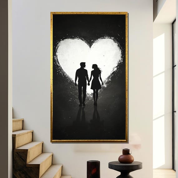 Romantic Sunset Painting Couple Walking On Water Wall Art Dreamy Love Scene Artwork Anniversary Gift Modern Home Decor