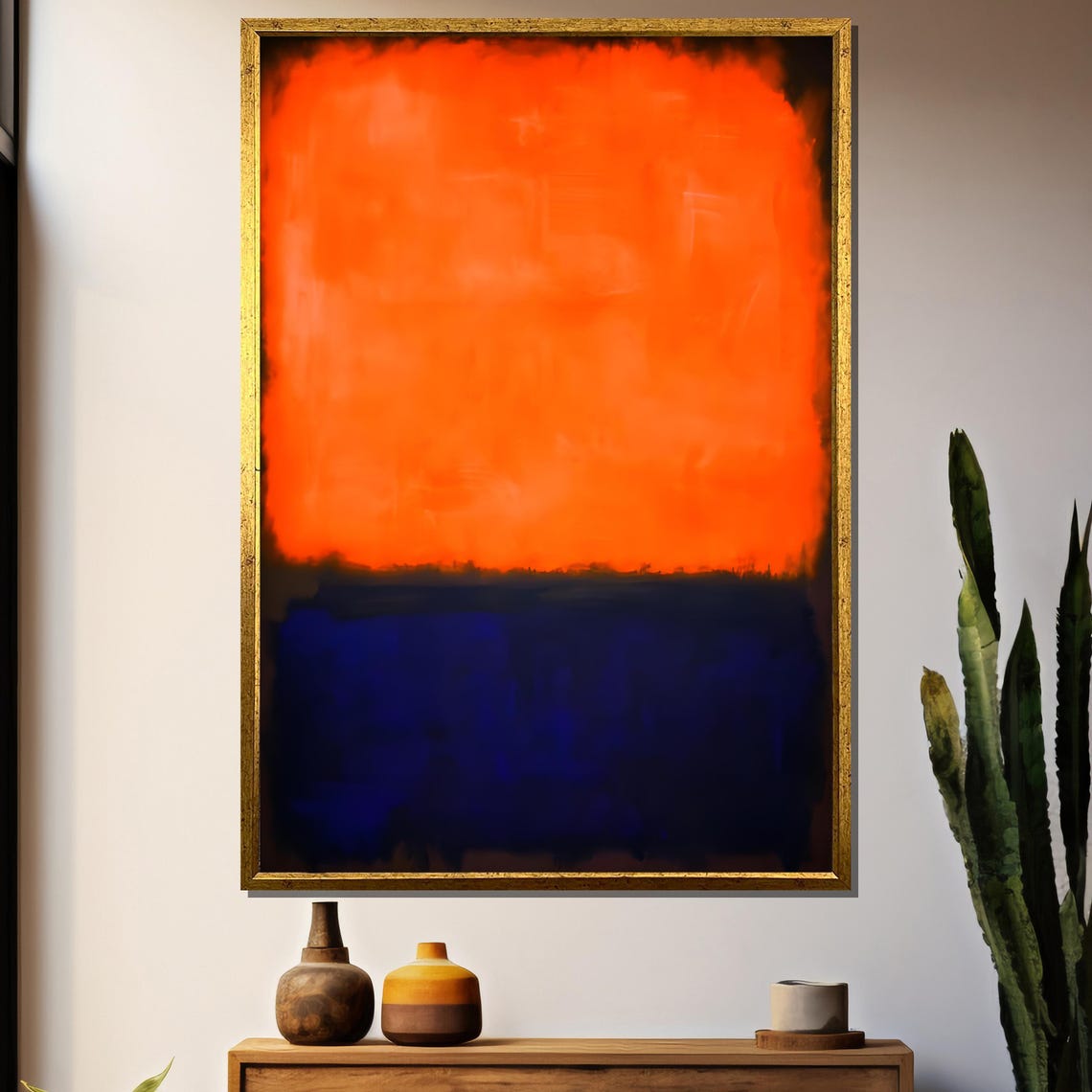 Bright Tangerine Over Deep Midnight Blue Abstract Color Field Poster
