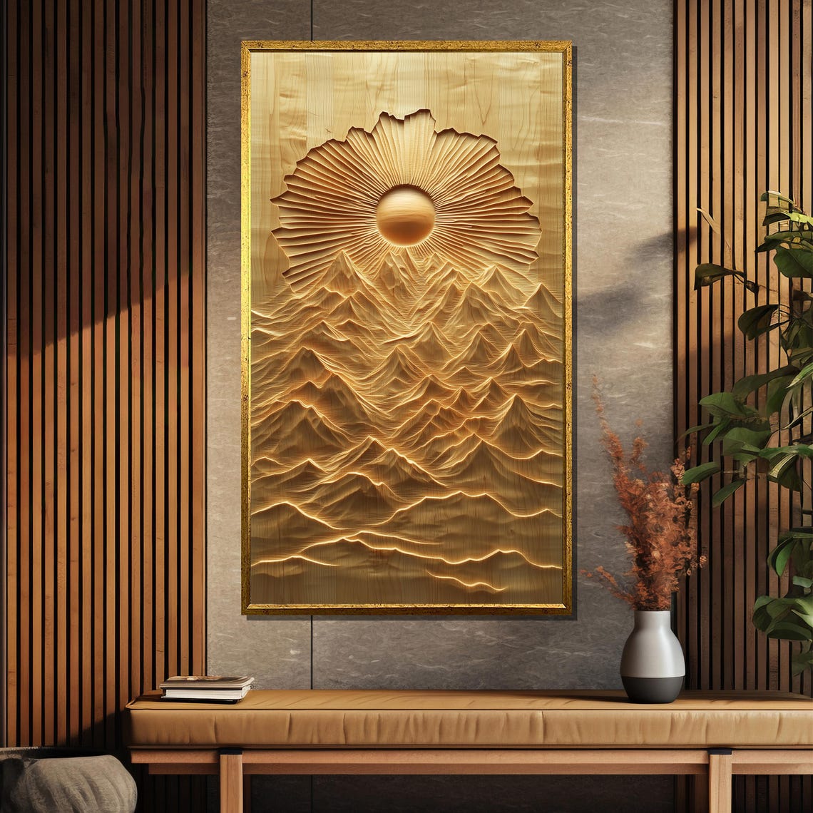 Large Golden Sun Rising Over Carved Wooden Mountain Ridges Poster - Image 5