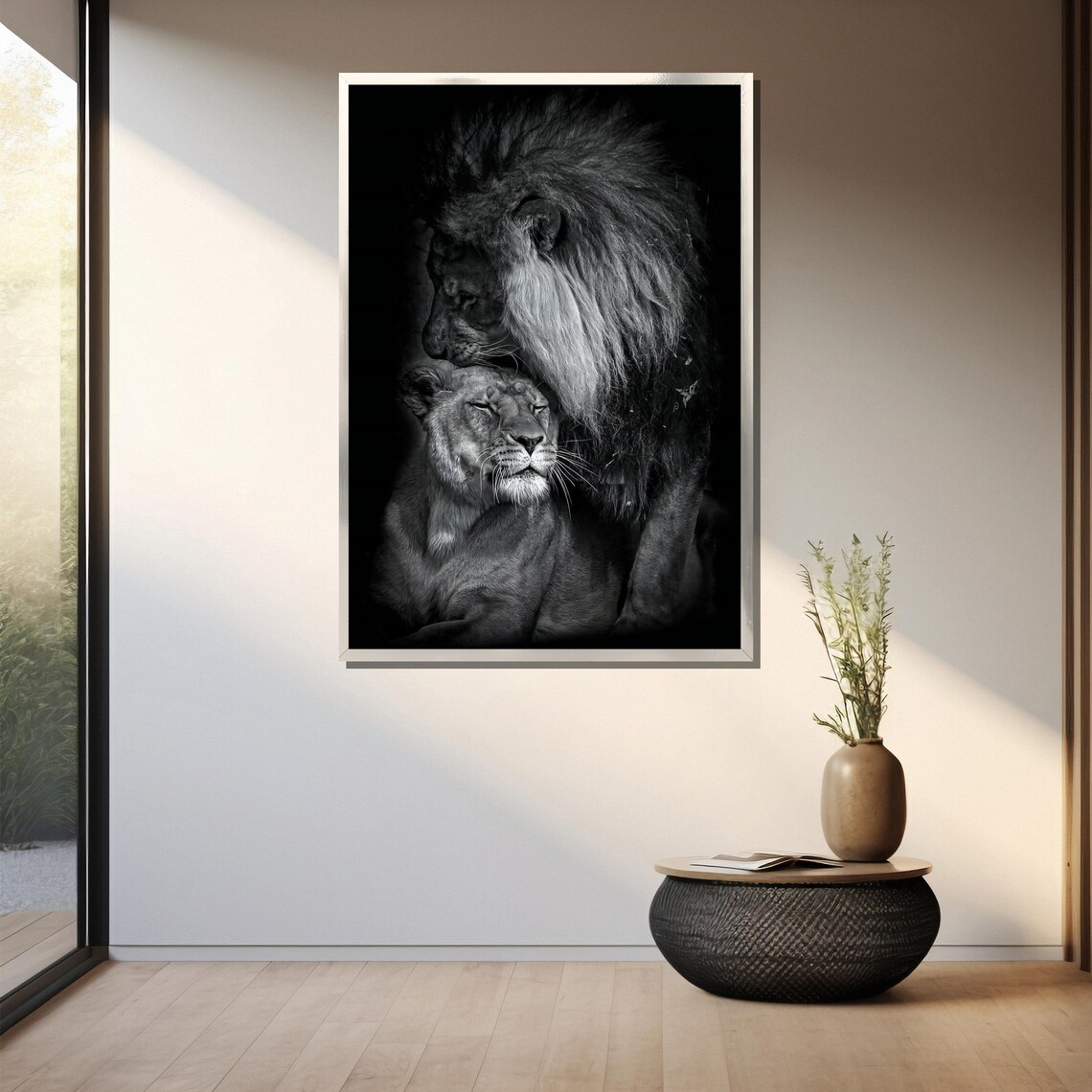 Black And White Lion Couple In Tender Nuzzle Intimate Wildlife Poster - Image 3