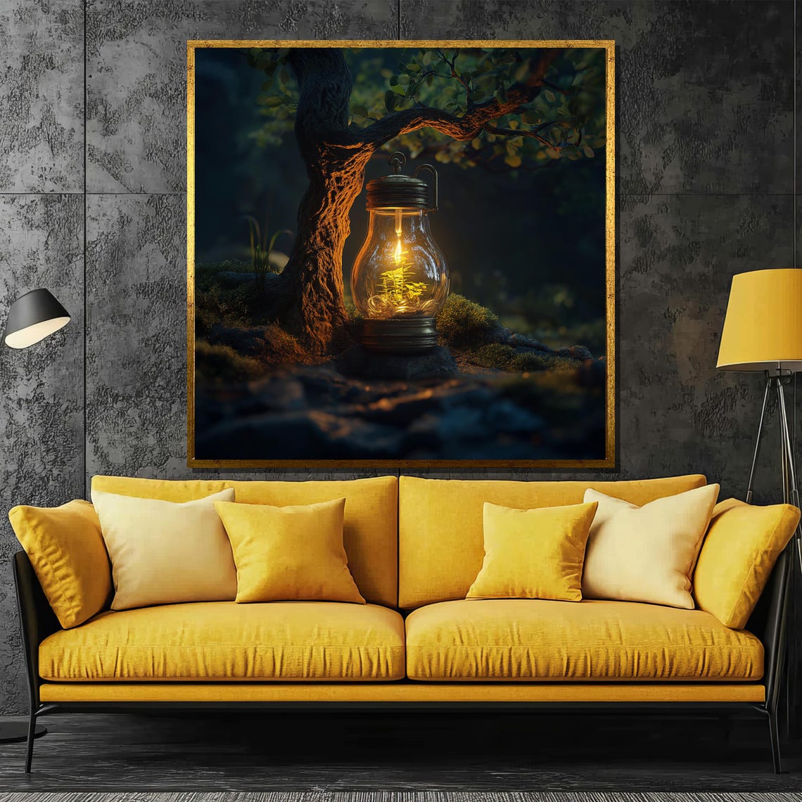 Enchanted Glowing Lantern with Tiny Tree at Night Forest Art Poster