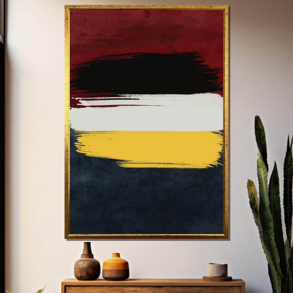 Bold Horizontal Brushstrokes in Crimson Black White and Gold Poster