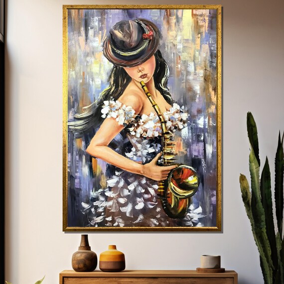 Elegant Woman Playing Saxophone Jazz Club Music Painting Poster