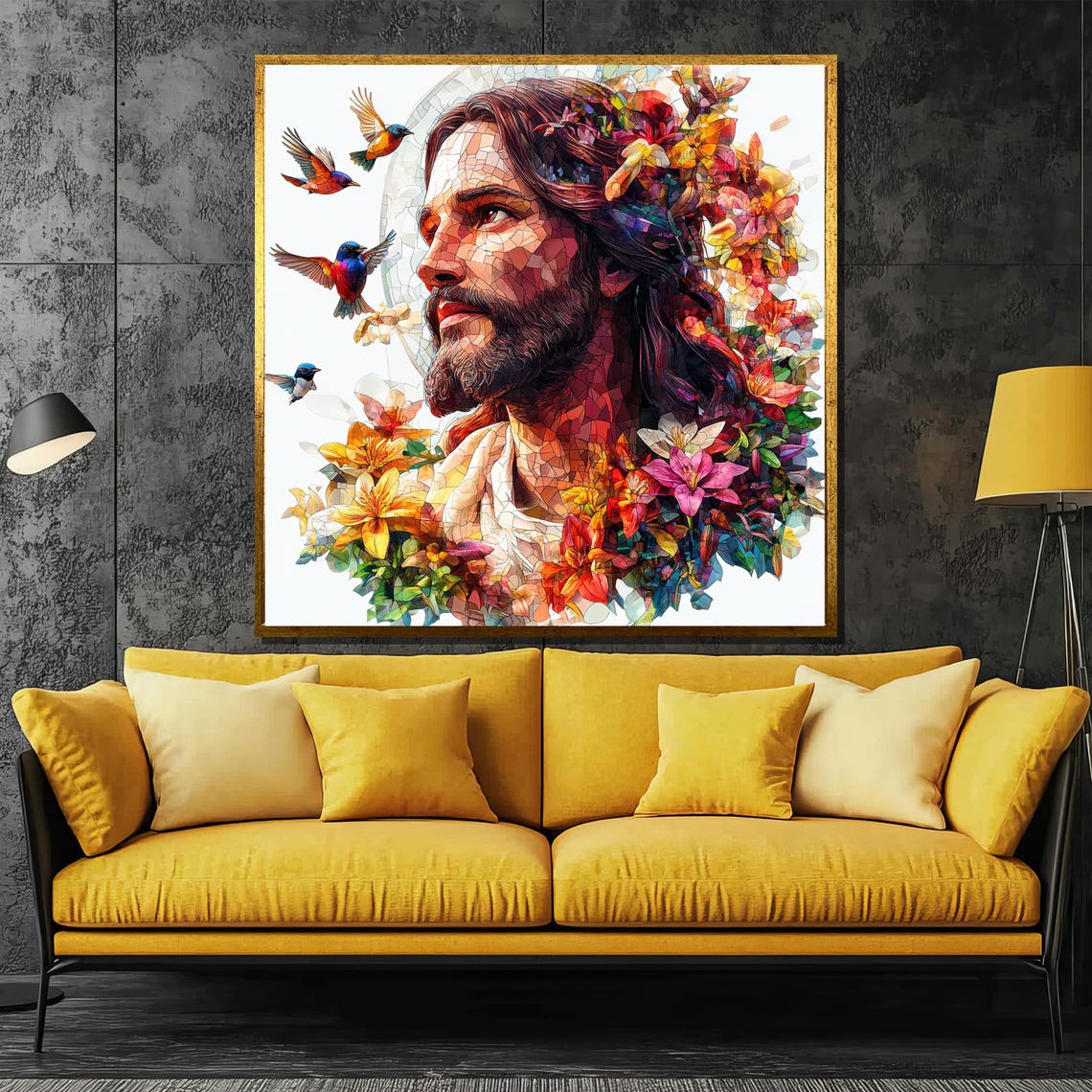 Colorful Stained Glass Jesus Portrait With Flowers and Birds Poster
