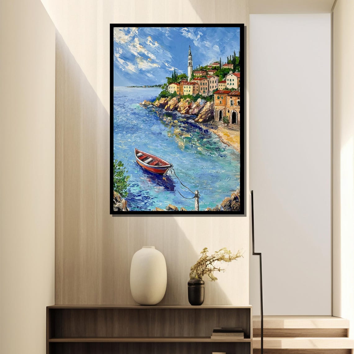Mediterranean Cliffside Village Harbor Scene Painting Poster - Image 4