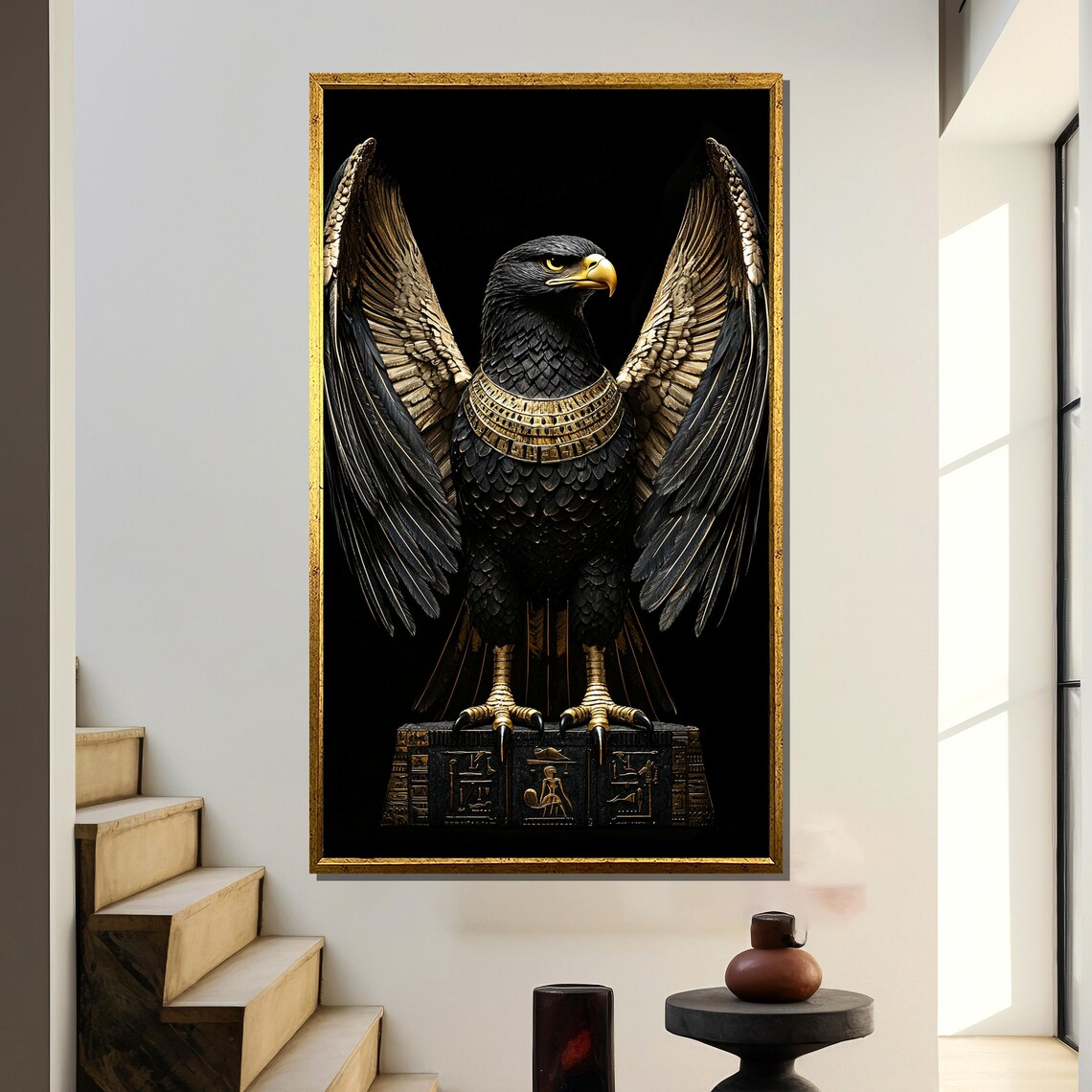 Regal Egyptian Falcon with Golden Wings on Hieroglyph Pedestal Poster