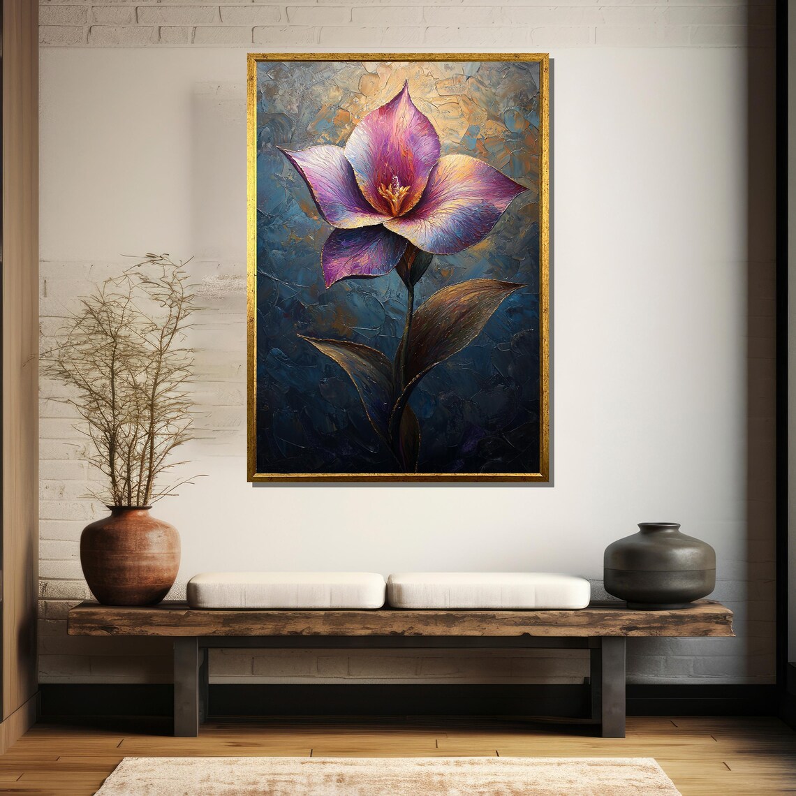 Purple Orchid Bloom Impasto Closeup Textured Floral Wall Art - Image 5
