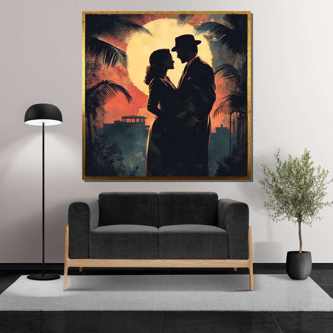 Film Noir Couple Silhouette Under Giant Moon at Tropical Harbor Poster - Image 5