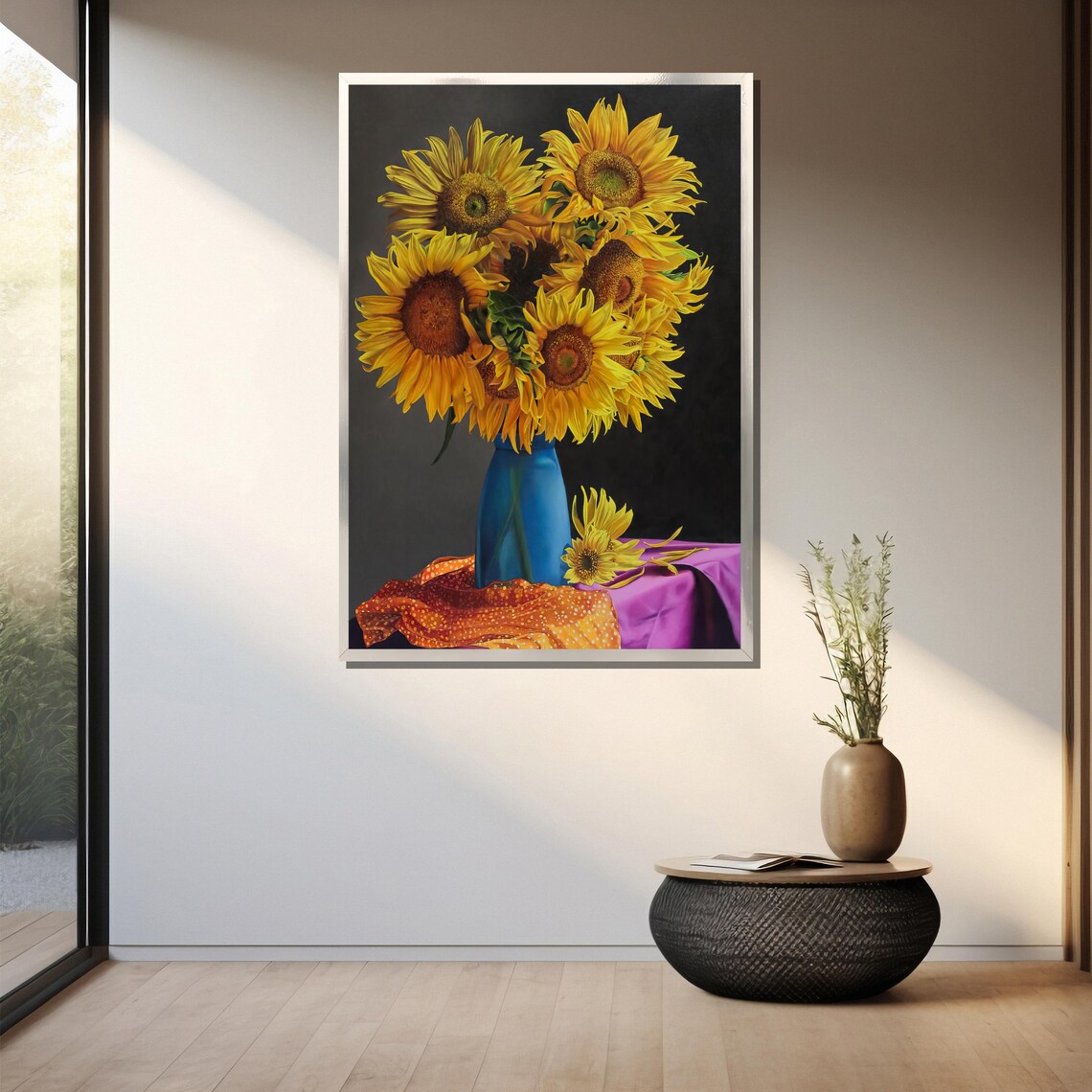 Sunflower Bouquet In Blue Vase Classic Dark Still Life Poster - Image 3