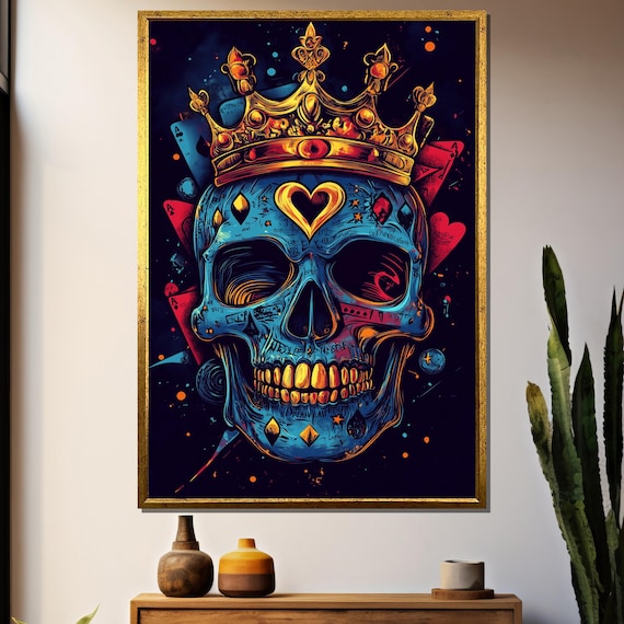 Blue Skull with Gold Crown and Heart in Neon Pop Art Style Poster