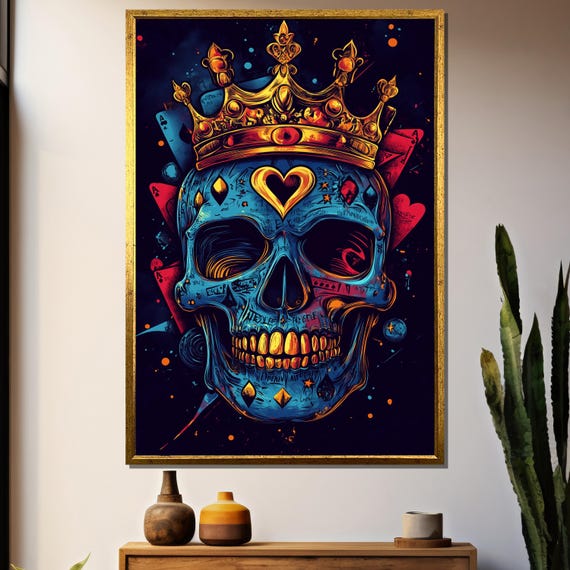 Skull With Crown Painting Gothic Pop Art Wall Decor Dark Royalty Graffiti Artwork Edgy Street Style Unique Gift