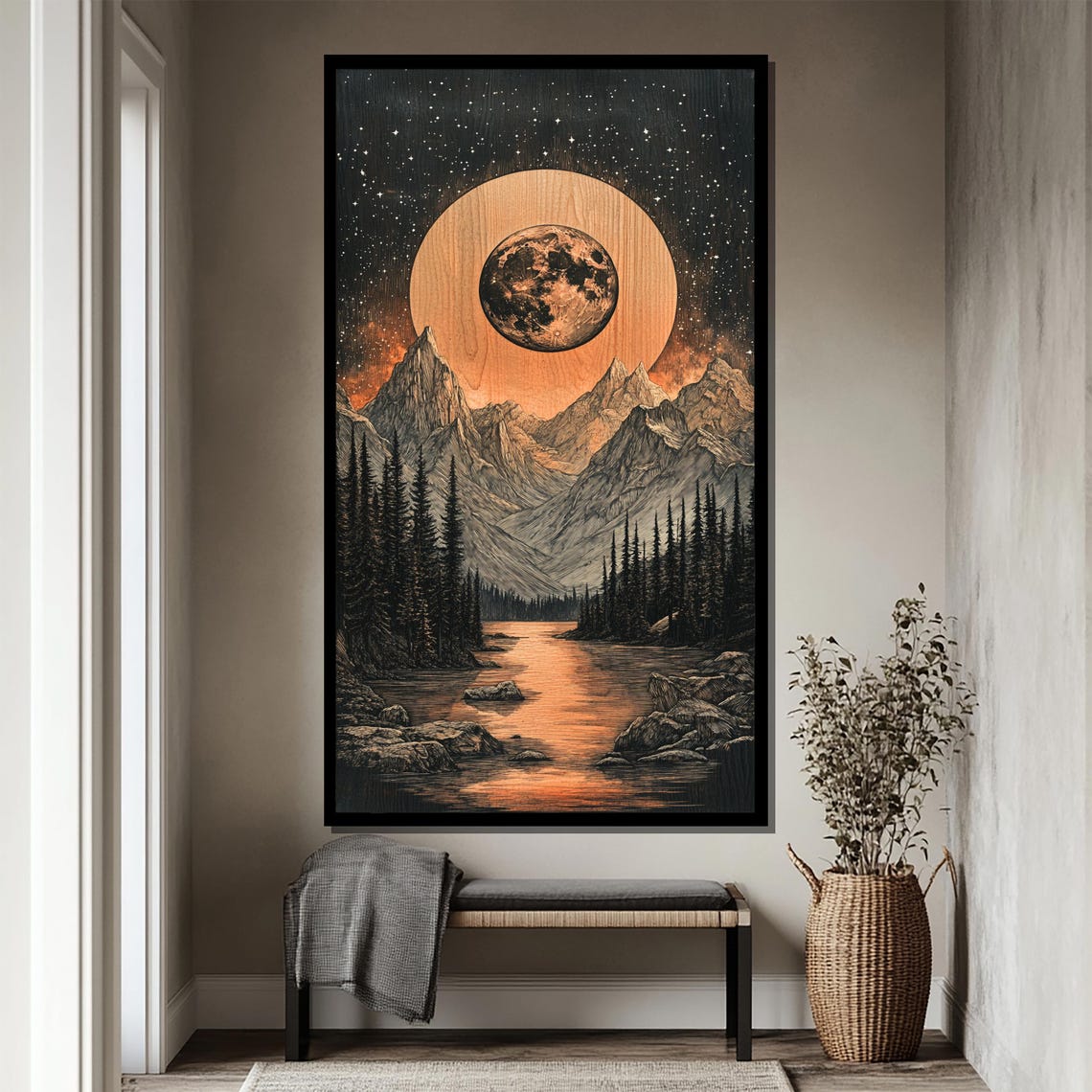 Moonlit Mountain Wood Engraving Painting Celestial Night Art Gift For Rustic Home Decor - Image 4