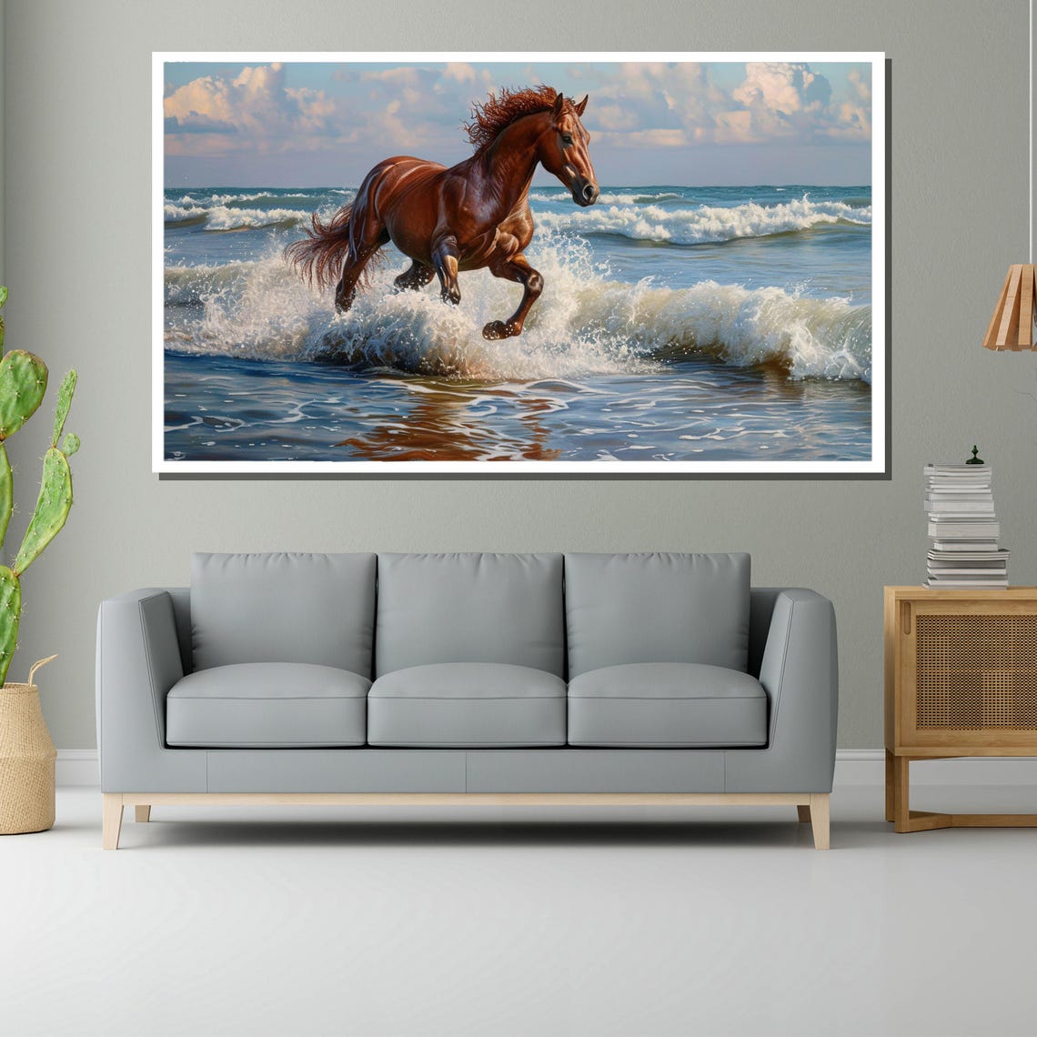 Chestnut Horse Galloping Through Ocean Waves Seashore Poster - Image 2